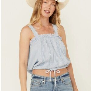 🌻NEW w/tag Free People Because Of You Blue Smocked Ruffled Tank Top Size XL